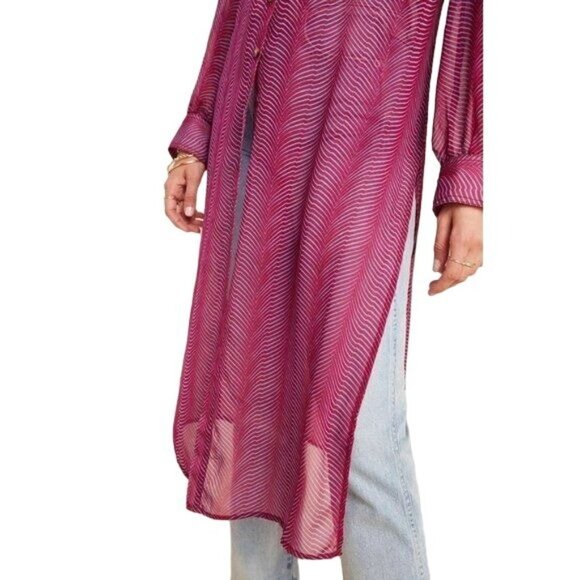 Maeve Sheer Magenta Button-Down Long Tunic Blouse - Picture 4 of 5